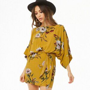 MUSTARD COLOR W/FLORAL PRINT ASIAN STYLE MINI DRESS